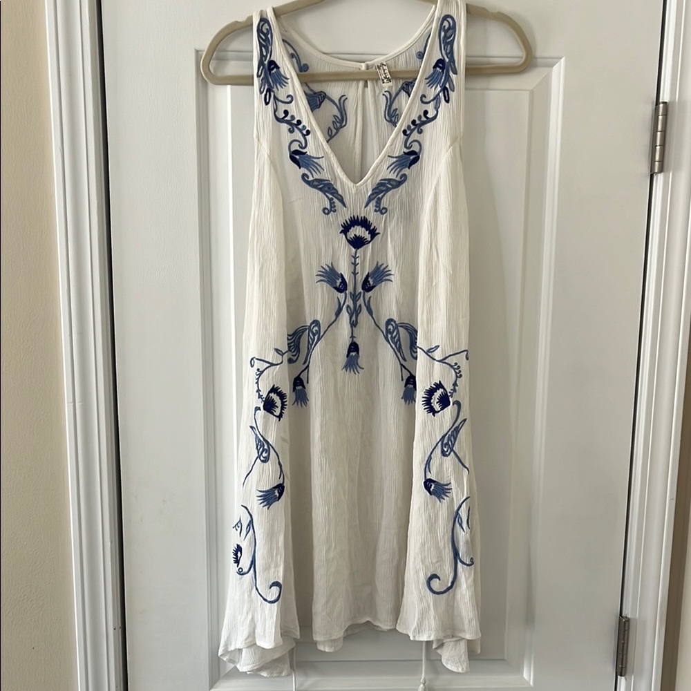 Free People White Dress with Blue Embroidery cover up